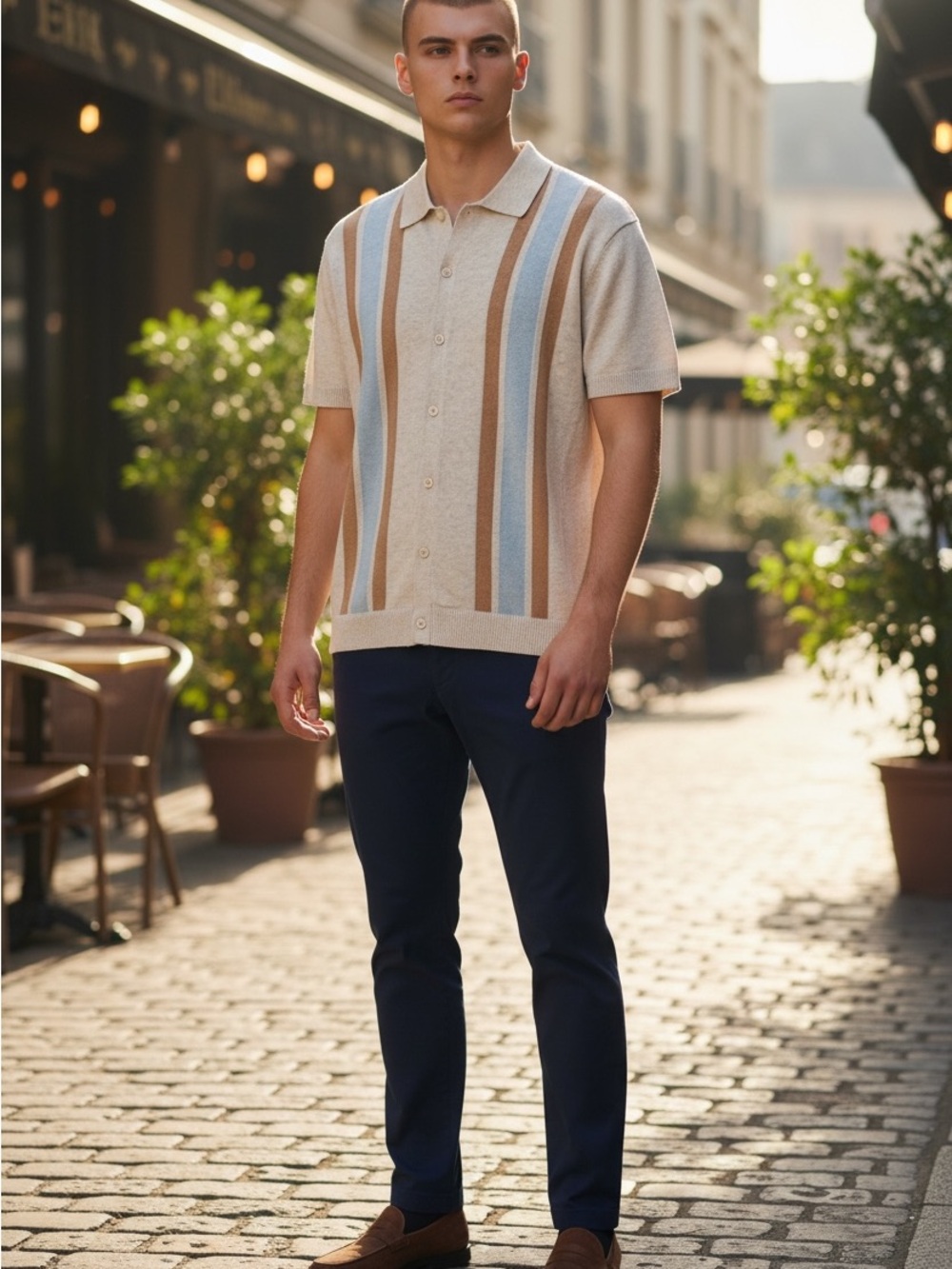 MBX Premium Goods Preppy VacationButton Up Polo Cream with Vertical Stripes Med